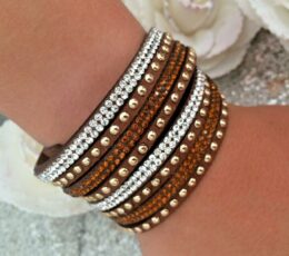 Wrap Bracelet Double Tour Poignet Femme Marron Doré Strass Fermeture Pressions