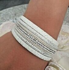 Sublime Bracelet Femme Simili Cuir Blanc Et Strass Fermeture Aimanté