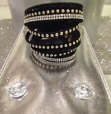 Sublime Bracelet Cloute Multi Rang Double Tour Noir Or Strass Fermoir Pression