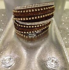 Sublime Bracelet Cloute Multi Rang Double Tour Marron  Strass Fermoir Pression