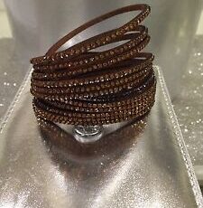 Sublime Bracelet Cloute Multi Rangs Double Tour Marron  Strass Fermoir Pression