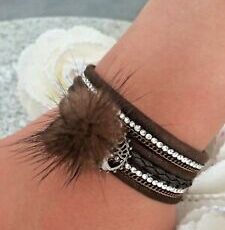 Idée Cado Bracelet Femme Simili Cuir Marron Strass Pompon Fermeture Aimanté