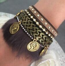 Idée Cadeau Sublime Bracelet Femme Marron Fausse Fourrure Fermeture Doré