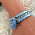 Idée Cadeau Bracelet Femme Simili Cuir Bleu Strass  Plume Pompon Fermeture Aimanté